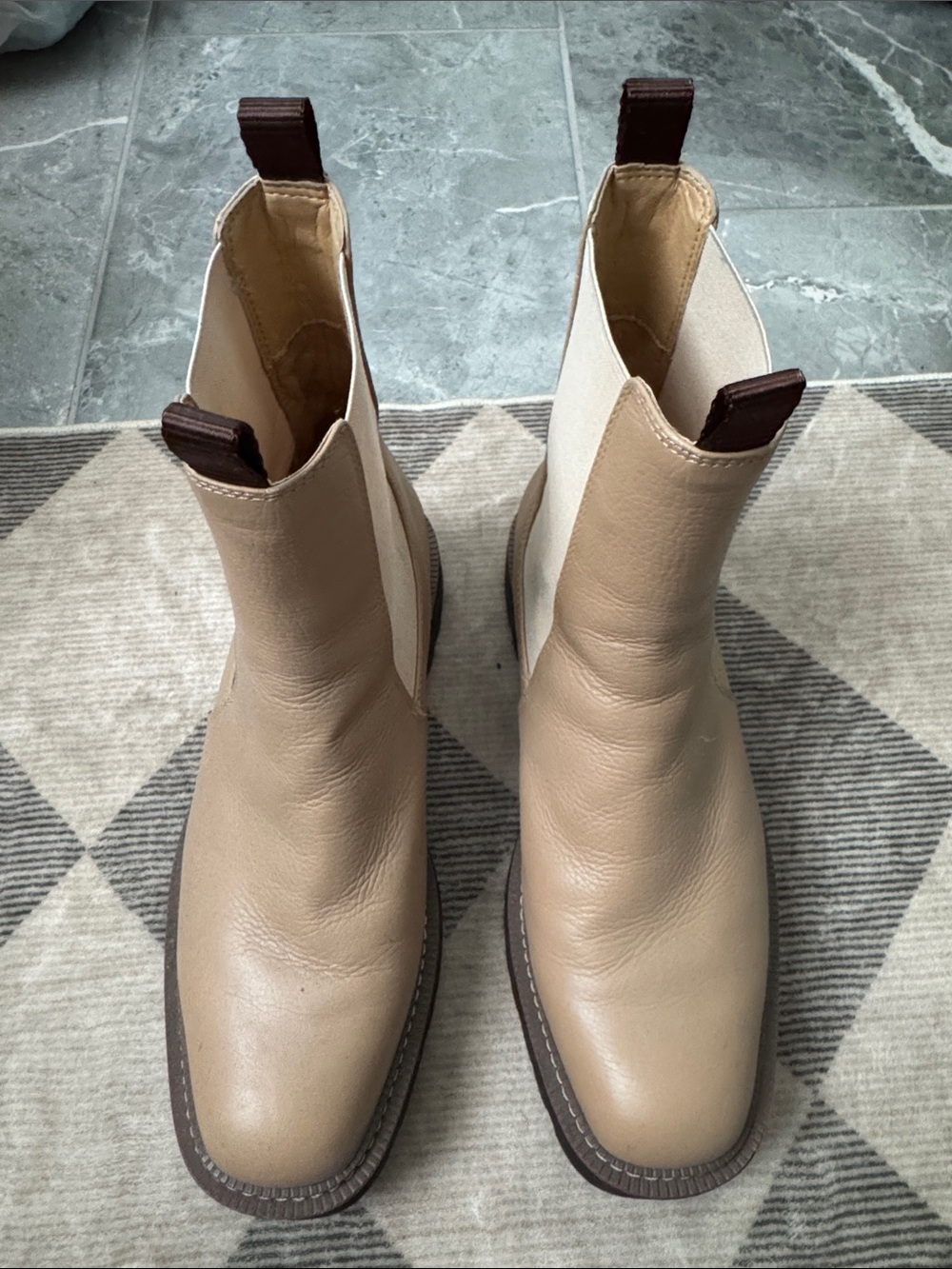 Sam Edelman Beige Waterproof Leather Chelsea Boots with Dark Brown Pull Tabs